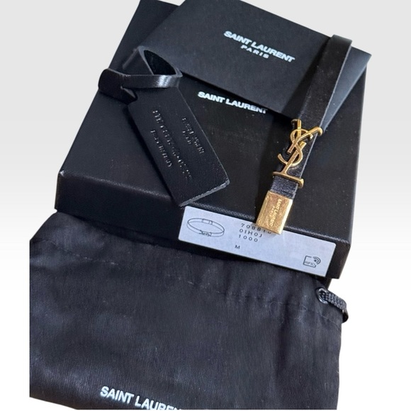 Saint Laurent YSL Cassandre Leather Bracelet Gold Logo Size M w/ Box Dust Bag - Picture 3 of 9